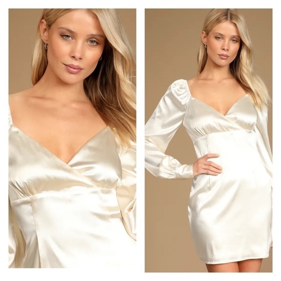 LULU'S Cream White Long Sleeve Satin V Neck Mini Dress Small NWT Bridal - Picture 1 of 8